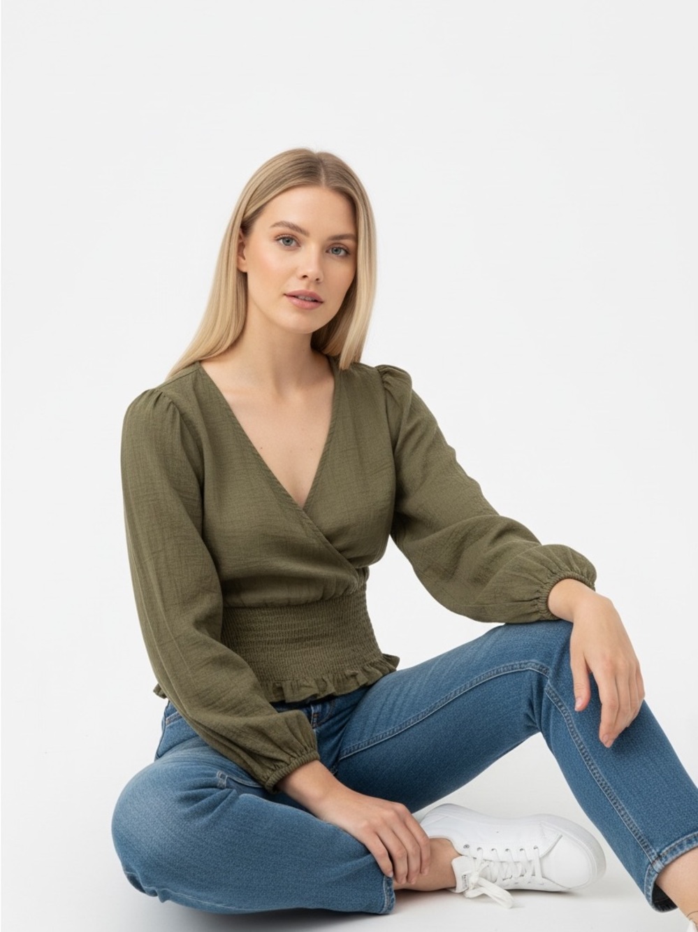 Madewell Olive Wrap-Front Smocked Waist Blouse 100% Cotton Size/M NWT